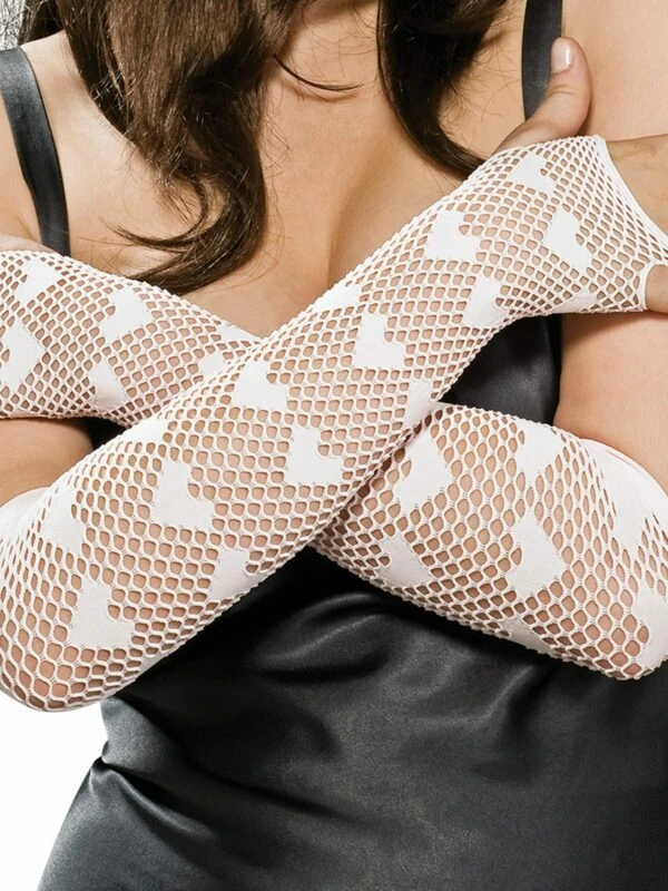 Fishnet Fingerless Long Heart Gloves Pink, Adult 3 Fishnet Fingerless Long Heart Gloves Pink, Adult - Image 2